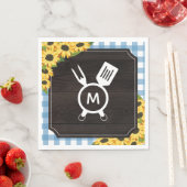 Serviette En Papier Gingham Bleu & Tournesols Monogramme Rustique BBQ (En situation)