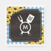 Serviette En Papier Gingham Bleu & Tournesols Monogramme Rustique BBQ (Devant)