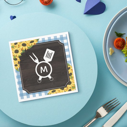 Serviette En Papier Gingham Bleu & Tournesols Monogramme Rustique BBQ