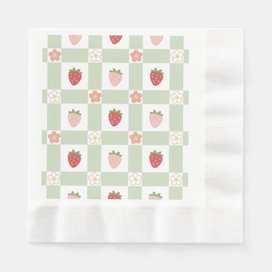 Serviette En Papier Gingham Fraise Premier Anniversaire Bord Piégé (Devant)