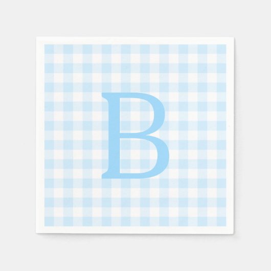 Serviette En Papier Gingham Monogrammé Bleu Pastel et Blanc (Devant)