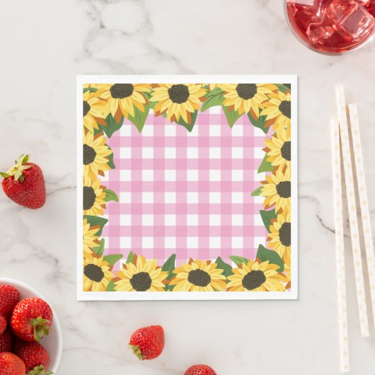 Serviette En Papier Gingham rose et tournesols (En situation)