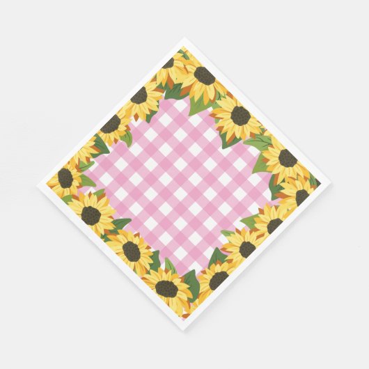 Serviette En Papier Gingham rose et tournesols (Coin)