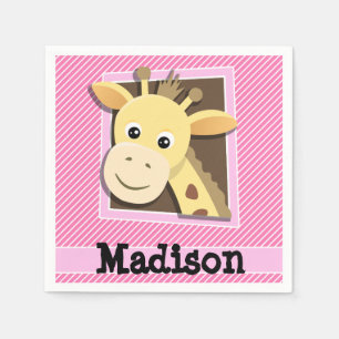 Serviette En Papier Girafe sur bandes rose et blanche