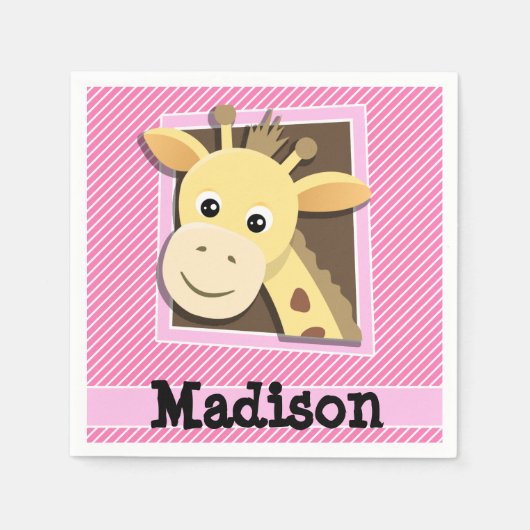 Serviette En Papier Girafe sur bandes rose et blanche (Devant)