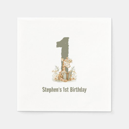 Serviette En Papier Girafe Vert mignonne 1ère fête d'anniversaire (Devant)