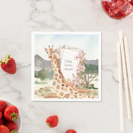 Serviette En Papier Giraffe d'aquarelle en Afrique Savannah anniversai (En situation)