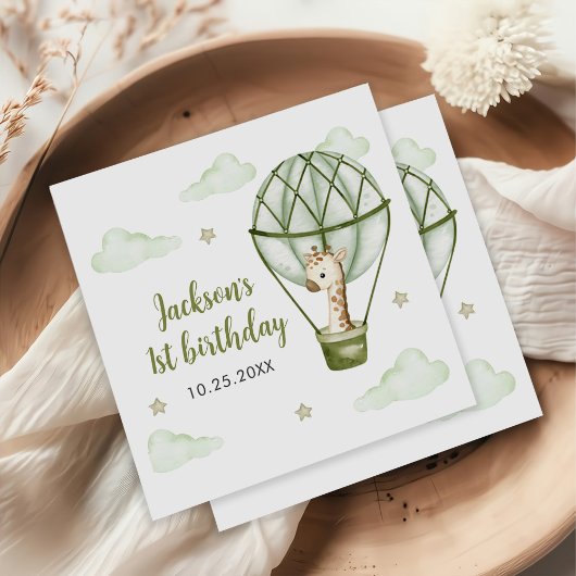 Serviette En Papier Giraffe Hot Air Balloon Green Boy 1er anniversaire