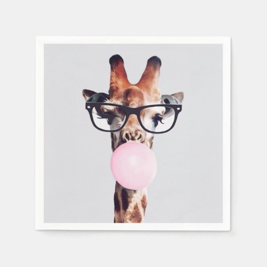 SERVIETTE EN PAPIER GIRAFFE PORTANT DES VERRES SOUFFRANT UN BUBBLEGUM (Devant)