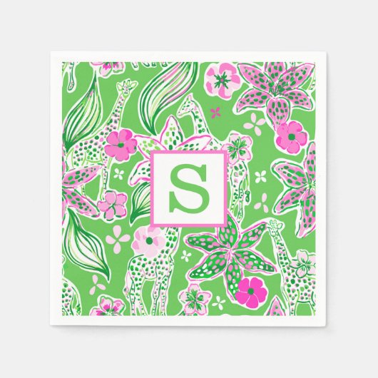 Serviette En Papier Giraffes de Preppy Lily rose Monogramme vert (Devant)