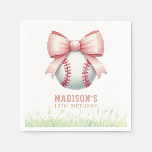 Serviette En Papier Girl Birthday Personalized Pink Baseball Bow (Devant)