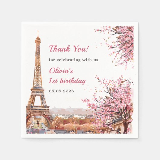 Serviette En Papier Girl Eiffel Tower Paris 1er anniversaire (Devant)