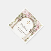 Serviette En Papier Girl First Communion Pink Florals Arch Gold Cross (Coin)