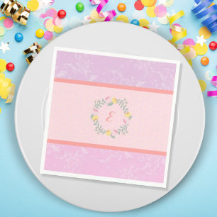 Serviette En Papier  Girl Pastel Pink and Lavender Floral Monogram Kid