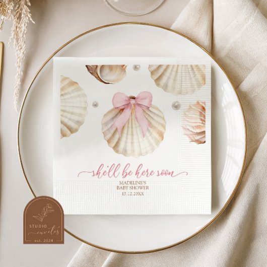 Serviette En Papier Girl Pink Bow Shell Baby Shower Paper Napkins