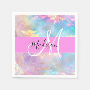 Serviette En Papier Girl Rainbow Holographic Iridescente Monogramme No