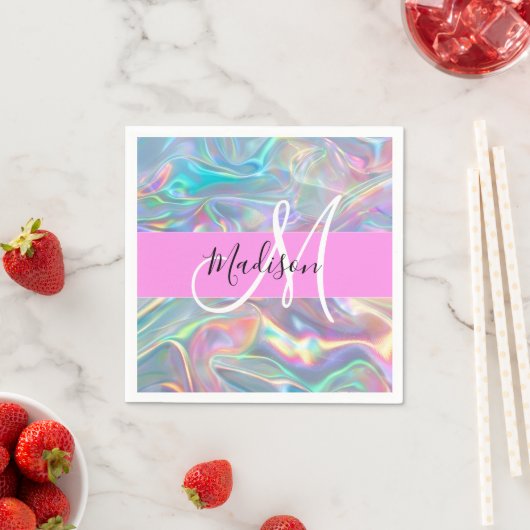 Serviette En Papier Girl Rainbow Holographic Iridescente Monogramme No (En situation)