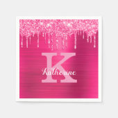 Serviette En Papier Girly Hot Pink Glitter Drips Glam Monogram (Devant)