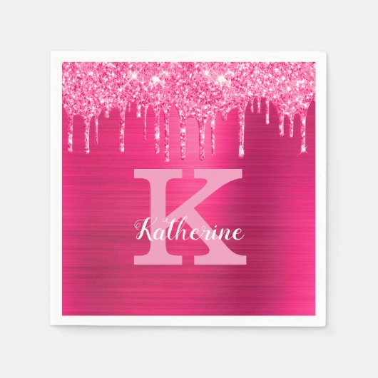 Serviette En Papier Girly Hot Pink Glitter Drips Glam Monogram (Devant)