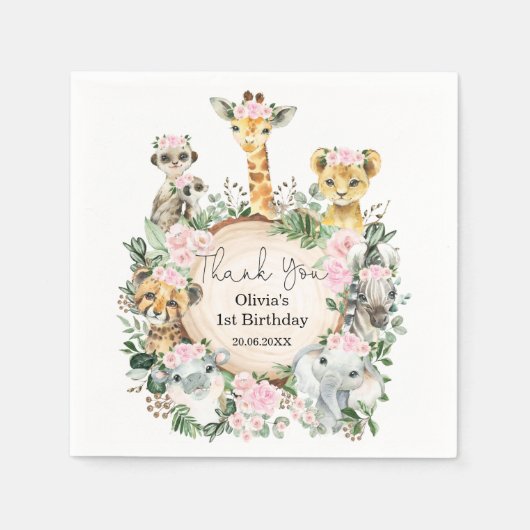 Serviette En Papier Girly Safari Animaux sauvages Jungle Anniversaire (Devant)
