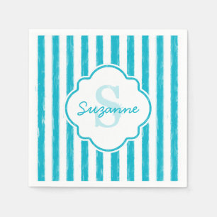 Serviette En Papier Girly Turquoise Peint Stripes Monogramme et nom