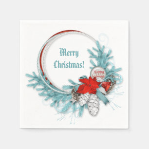 Serviette En Papier Glace Bleue Succursale de Noël Rouge Poinsettia