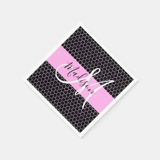 Serviette En Papier Glam Black Metallic Rose Honeycomb Nom du monogram (Coin)
