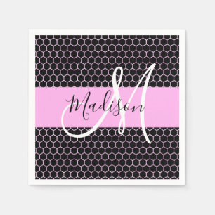 Serviette En Papier Glam Black Métallic Rose Nid d'abeille Monogramme 