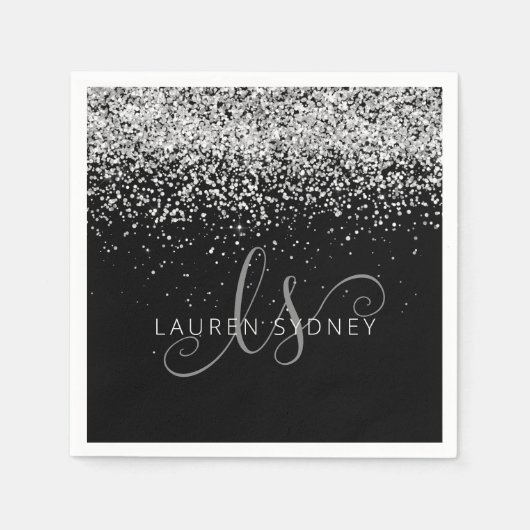 Serviette En Papier Glam Black Silver Parties scintillant Glam Nom du (Devant)