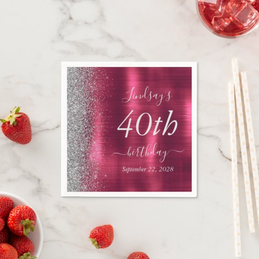 Serviette En Papier Glam Burgundy Parties scintillant d'argent 40e fêt (En situation)
