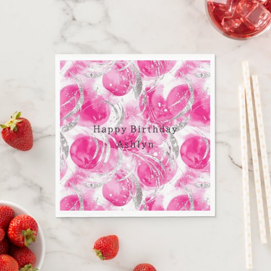 Serviette En Papier Glam en argent rose Cercles Abstraits Anniversaire (En situation)