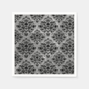 Serviette En Papier Glam Goth Mini Crâne Damas motif noir gris