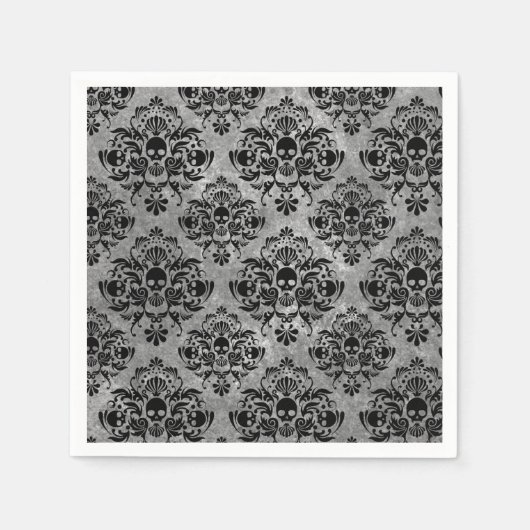Serviette En Papier Glam Goth Mini Crâne Damas motif noir gris (Devant)