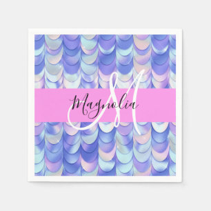 Serviette En Papier Glam Iridescente Blue Mermaid Scales Nom Monogramm