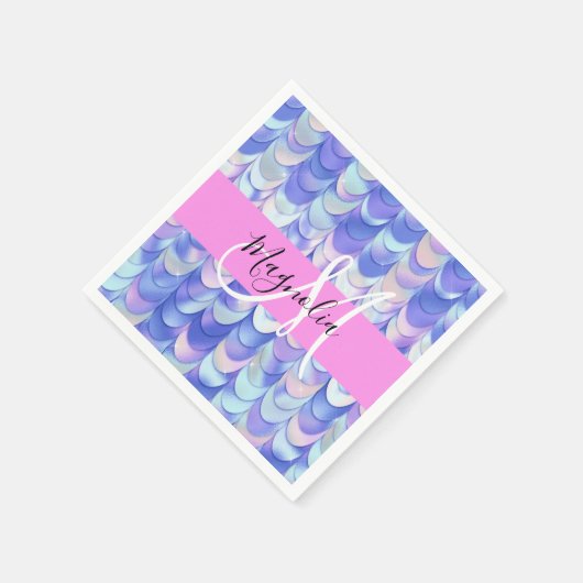 Serviette En Papier Glam Iridescente Blue Mermaid Scales Nom Monogramm (Coin)