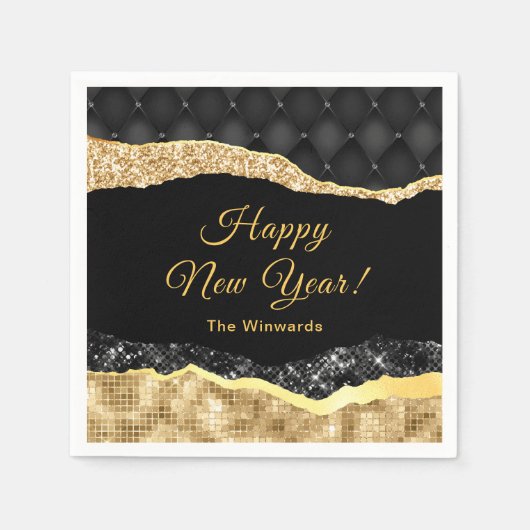 Serviette En Papier Glam noir et or Larmes Bonne année (Devant)