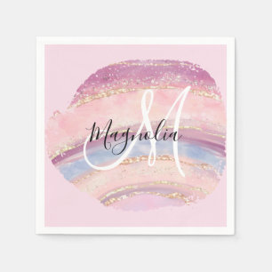 Serviette En Papier Glam Or Rose Bleu Monogramme Coup De Pinceau De Pi