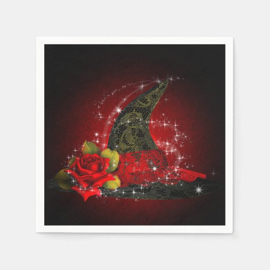 Serviette En Papier Glam Witch Casquette Lacy Black & Red Sparkle Part (Devant)