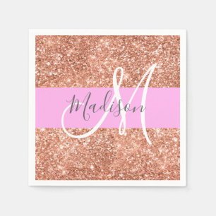 Serviette En Papier Glamour Féminin Rose Pêche Or Paillettes Monogramm