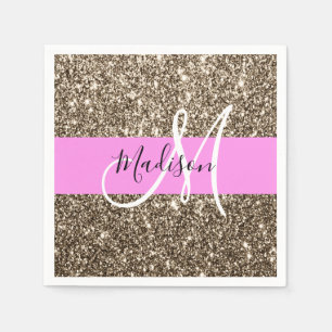 Serviette En Papier Glamour Rose Champagne Or Glitter Monogramme