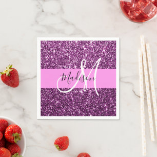 Serviette En Papier Glamour Rose & Violet Paillettes Monogramme Nom