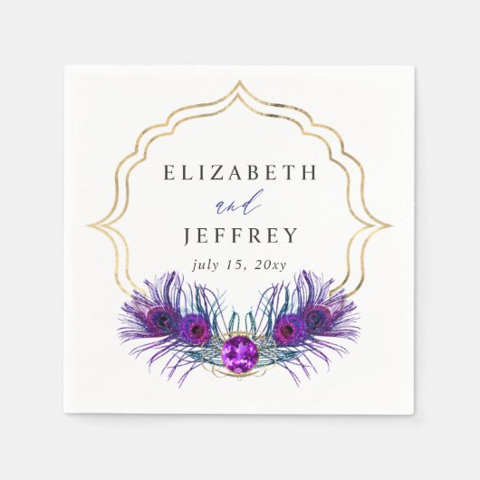 Serviette En Papier Glitter Gold Blue Purple Peacock Plume Wedding (Devant)