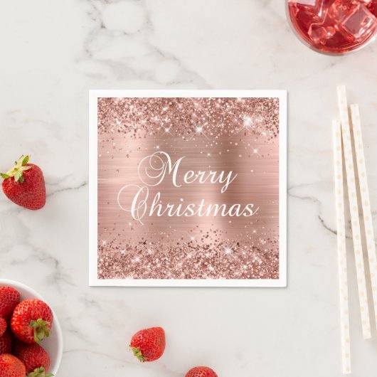 Serviette En Papier Glitter Rose Gold Foil Joyeux Noël (En situation)