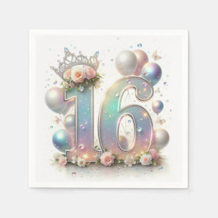 Serviette En Papier Glitterie Numéro 16 avec Ballons et Confetti
