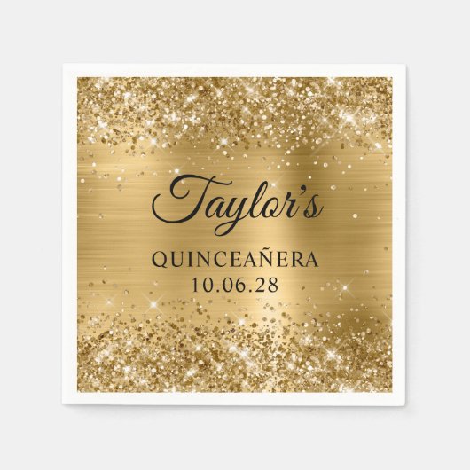Serviette En Papier Glittery Gold Foil Personnalisé Quinceañera (Devant)