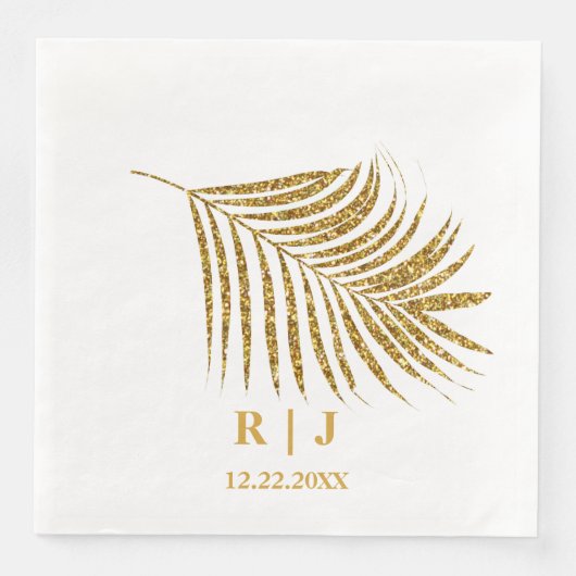 Serviette En Papier Glittery Gold Palm Leaf Monogramme Nom Mariage (Devant)