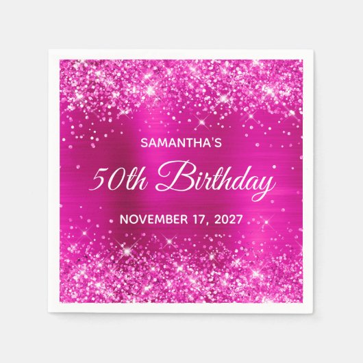 Serviette En Papier Glittery Hot Pink Foil 50e anniversaire (Devant)