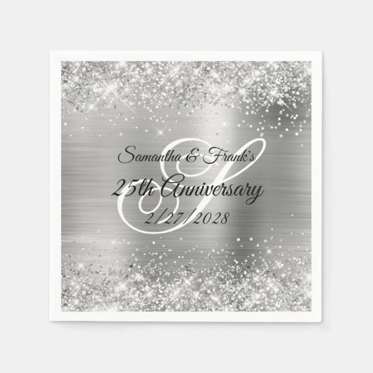 Serviette En Papier Glittery Silver Foil Monogrammé 25e anniversaire (Devant)