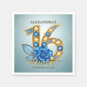 Serviette En Papier Glitzy Chic Blue Rose Gold Gemstone Sweet 16 (Devant)