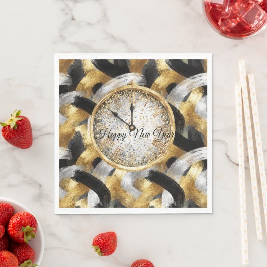 Serviette En Papier Glitzy Gold Silver Black New Year's Clock (En situation)